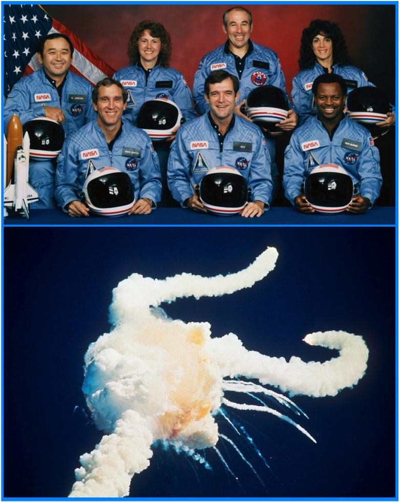 Space Shuttle Challenger Crew and a photo of the disaster