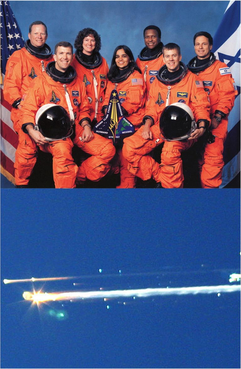 Space Shuttle Columbia Crew and a photo of the disaster