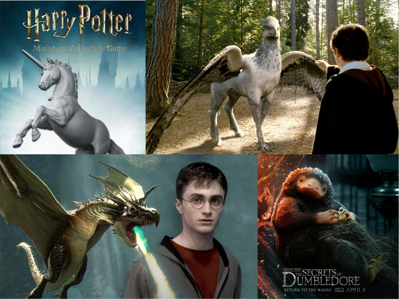 Unicorn, Hypogriff, Niffler, and Dragon from Harry Potter